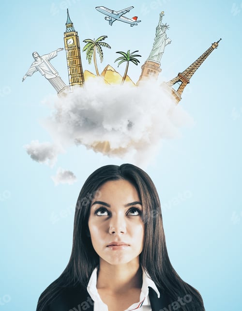 Preview: Portrait Of Attractive Young European Businesswoman With Cloud Travel Sketch. Traveling And