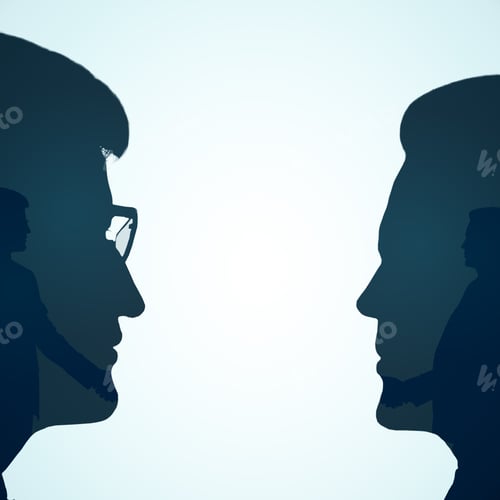 Preview: Silhouettes Of Two Caucasian Businessperson Standing Face To Face. Business Challenge Concept.