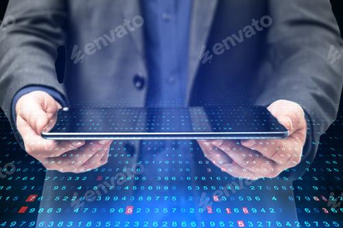 Preview: Businessman Holding Tablet With Binary Code. Mock Up. Innovation And Technology Concept
