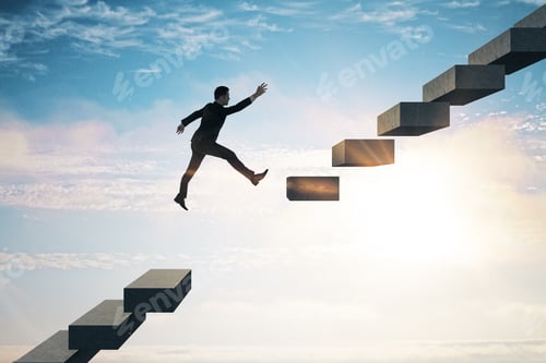 Preview: Overcome Difficulty Concept With Businessman Jumps Over Broken Stairs On Bright Sky Background