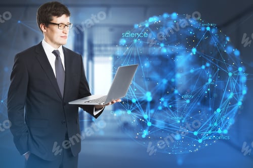 Preview: Attractive Young European Business Man Using Laptop With Ccreative Digital Linear Sphere On Blurry
