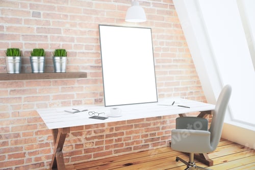 Preview: Loft Interior With Desk And Blank Picture Frame, Mock Up 3D Render