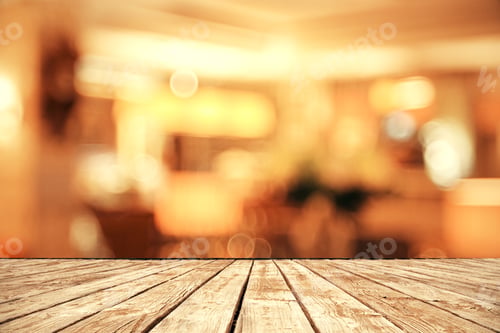 Preview: Wooden Surface On Abstract Blurry Bokeh Backdrop. Copy Space. Presentation Concept