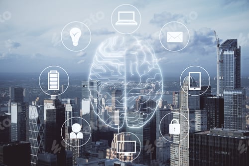 Preview: Digital Brain Interface On City Background. Ai And Hologram Concept. Double Exposure