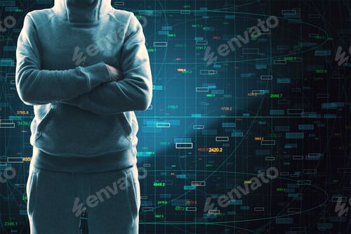 Preview: Hacker With Folded Arms Standing On Dark Background With Forex Chart. Malware And Stock Concept