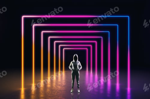 Preview: Abstract Hacker In Hoodie Standing In Neon Hallway Interior.