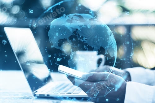 Preview: Close Up Of Hands Using Laptop And Smartphone On Desktop With Coffee Cup, Glowing Polygonal Globe