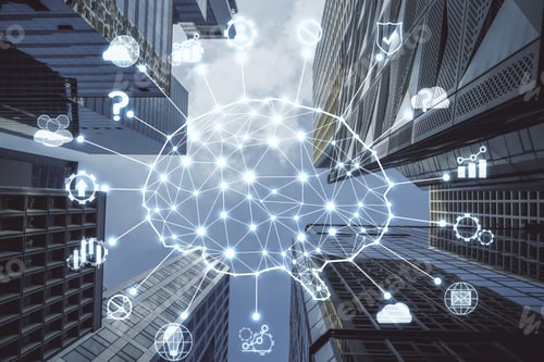 Preview: Bottom View City With Ai Brain Hologram And Skyscraper. Artificial Intelligence And Futuristic