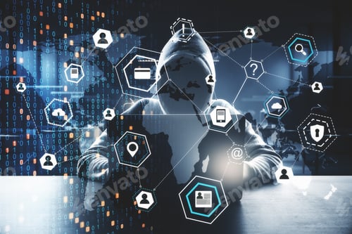 Preview: Side View Of Hacker At Desktop Using Laptop With Creative Glowing Big Data Interface. Malware And