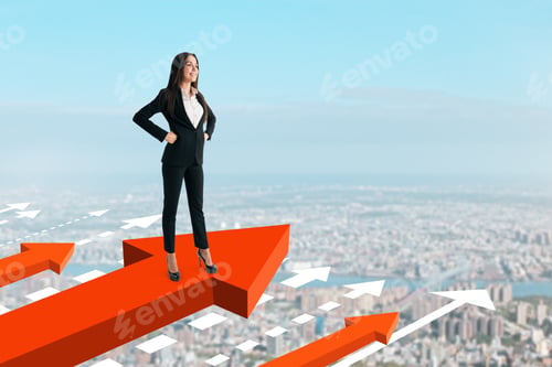 Preview: Successful Young Woman On Arrows. Blue Sky Background. Success And Up Concept.