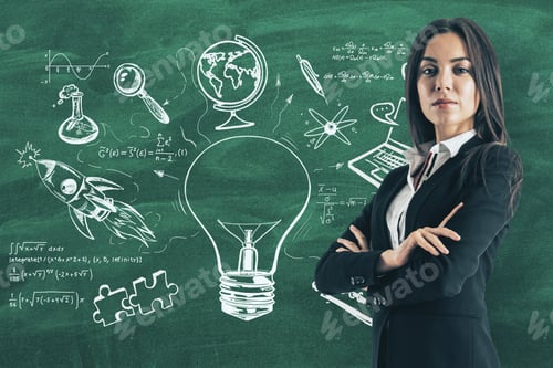 Preview: Portrait Of Attractive Young European Businesswoman With Folded Arms Standing On Chalkboard