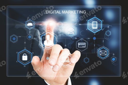 Preview: Hand Pointing At Digital Business Interface On Blurry Background. Marketing And Media Concept