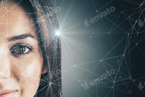 Preview: European Face With Hologram On Eye. Blurry Background. Face Id And Recognition Concept.