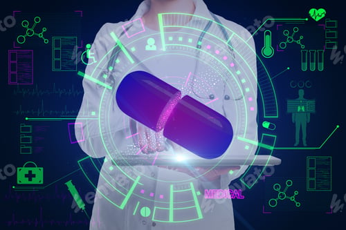 Preview: Doctor With Tablet And Creative Glowing Medical Interface. Medicine And Tech Concept.