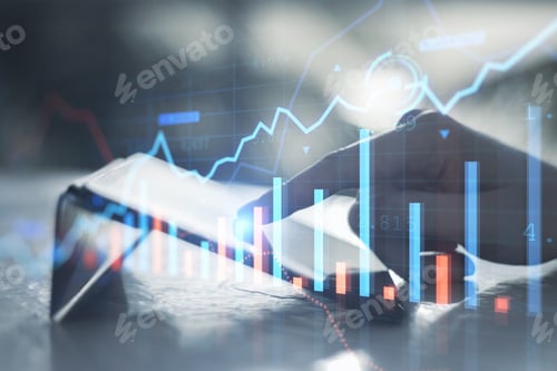Preview: Close Up Of Businessman Hand Pointing At Tablet On Desktop With Creative Glowing Forex Chart On