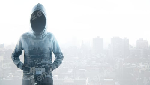 Preview: Unrecognizable Female Hacker With Hood Standing On Abstract City Background With Copy Space. Double