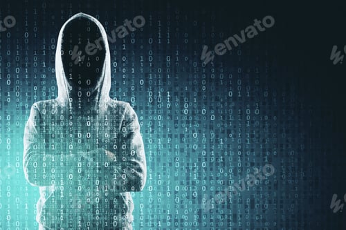 Preview: Criminal And Computing Concept. Hacker In Hoodie With Creative Binary Code. Double Exposure