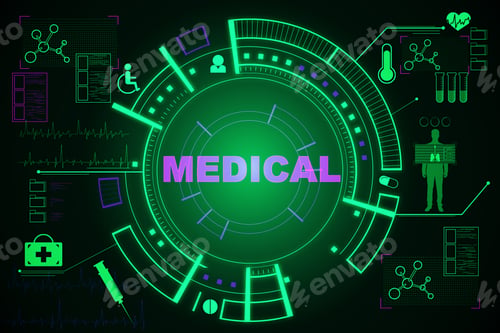 Preview: Creative Glowing Green Medical Interface On Dark Background. Medicine And Science Concept. 3D
