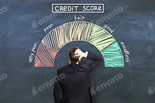 Preview: Credit Score Concept With Pensive Man Back In Front Of Chalkboard With Credit Score Levels