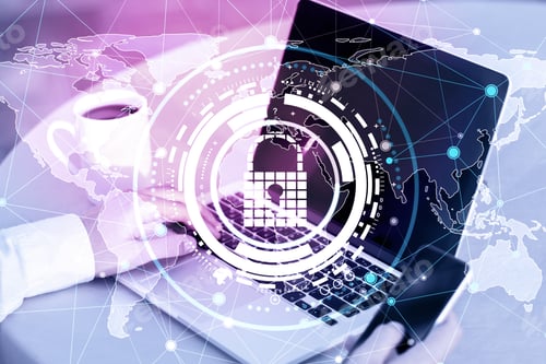 Preview: Businessman Hands Using Laptop With Creative Digital Data Protection Interface. Safety And