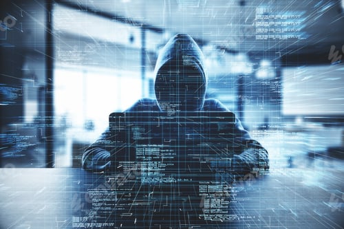 Preview: Hacker At Desk Using Computer With Creative Glowing Coding Big Data Interface On Dark Interior