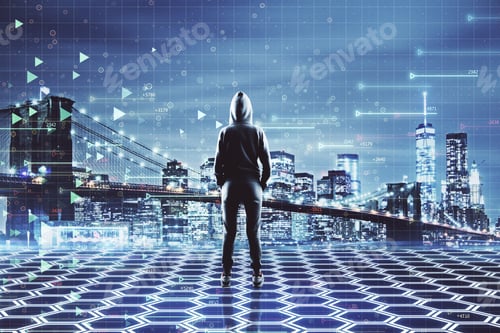 Preview: Person In Hoodie Looking At New York City With Digital Big Data Interface. Technology And