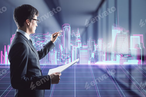 Preview: Smart City Project Design Concept With Architect Draws On Digital Screen Hologram Town With