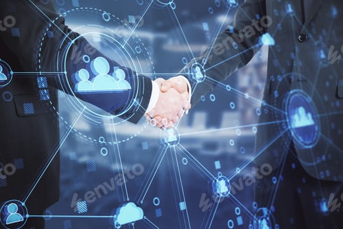 Preview: Businessmen Shaking Hands In Office With Creative Glowing Blue Business Interface On Blurry