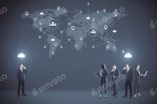 Preview: Business People And Hacker Working And Glowing Connections On Digital World Map. Social Network And