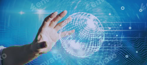 Preview: Hand Holding Creative Glowing Polygonal Globe Hud Interface On Blue Background. Network And Digital