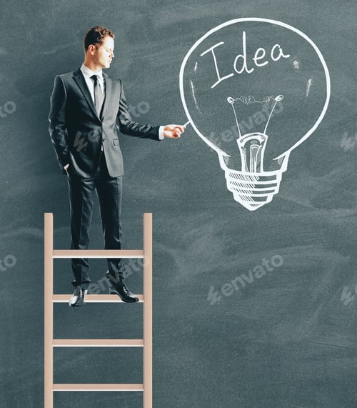 Preview: Young Businessman Standing On Ladder While Drawing Idea Lamp On Chalkboard Wall Background