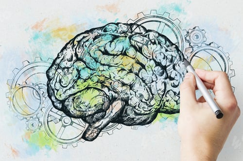 Preview: Hand Drawing Brain And Gears Outline Sketch On White Background. Perspective And Intelligence