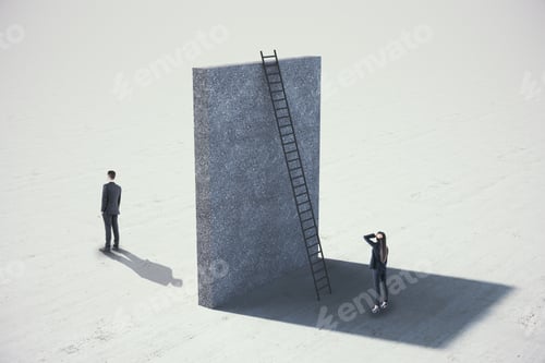 Preview: Businesswoman Looking On Concrete Wall With Ladder. Teamwork And Challenge Concept.