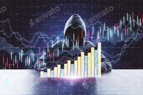 Preview: Internet Theft Concept With Hacker And Digital Forex Chart Graphs.Double Exposure.