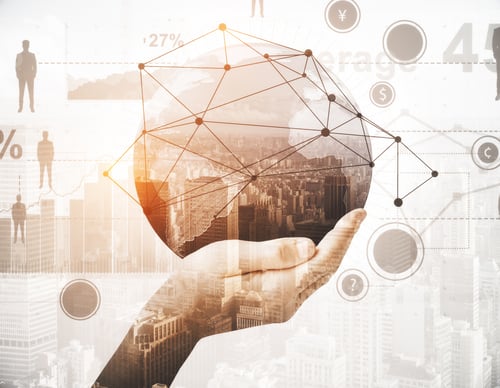 Preview: Close Up Of Hand Holding Abstract Globe With Connections On City Background. Recruitment Concept