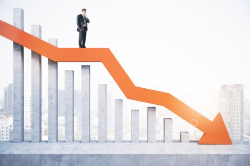 Preview: Attractive Tiny European Business Man Standing And Balancing On Abstract Red Downward Chart Arrow