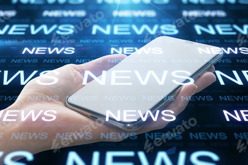 Preview: Hand Using Smartphone With Glowing News Hologram Interface. News And Information Concept.
