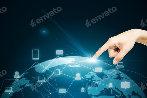 Preview: Hand Pushing Glowing Social Network Hologram. Business And Communication Concept.