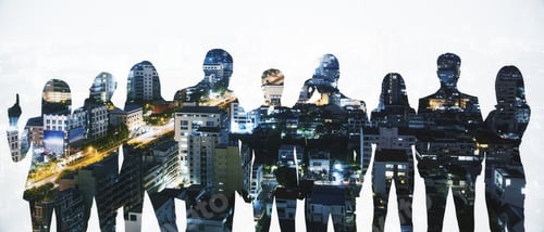 Preview: Wide Image Of Businessmen Silhouettes Standing On Abstract Night City Background. Teamwork And