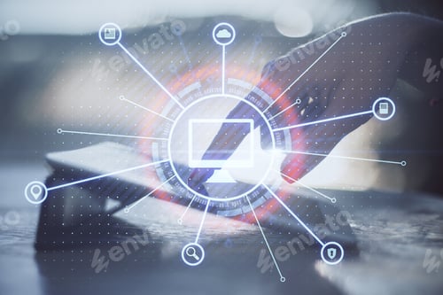 Preview: Computer Icon Encircled With A Hand Touching A Tablet In The Background, Online Business And And