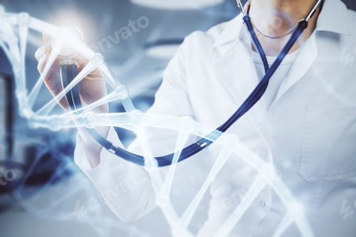 Preview: Doctor With Stethoscope And Glowing Medical Dna Interface On Blurry Hospital Interior Background