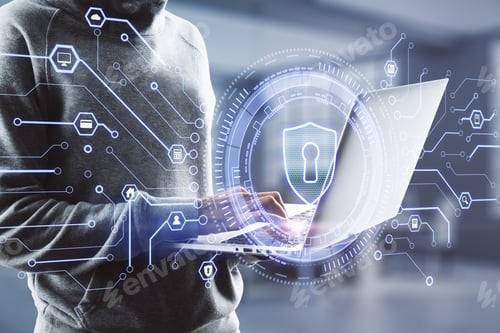 Preview: Hacker Using Laptop With Creative Glowing Lock Icon On Blurry Office Interior Background. Web