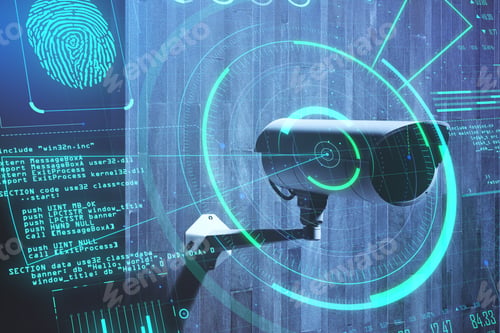 Preview: Personal Data Security Concept With Digital Screen With Fingerprint, Digital Code And Radar At Cctv