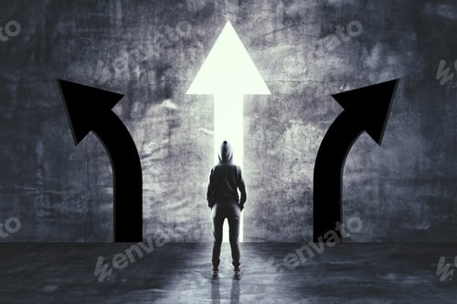 Preview: Back View Of Young Hacker In Concrete Room With Three Arrows. Success And Choice Concept