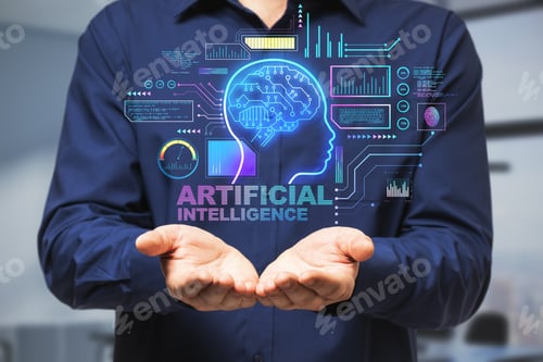 Preview: Close Up Of Businessman Hands Holding Abstract Glowing Ai Head Interface On Blurry Office Room