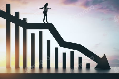 Preview: Backlit Businesswoman Balancing On Abstract Black Downward Chart Arrow On Light Sky With Clouds And