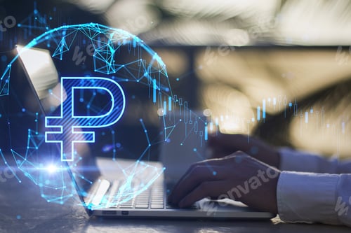 Preview: Close Up Of Hands Using Laptop With Creative Glowing Ruble And Polygonal Globe Hologram On Blurry