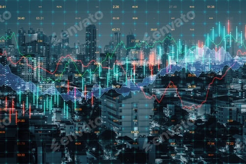 Preview: Forex Chart On Creative Blurry Downtown City Background. Stats And Finance Concept. Multiexposure