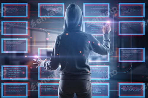 Preview: Hacker Hand Pointing At Abstract Creative Coding Programming Hologram On Blurry Interior Backdrop
