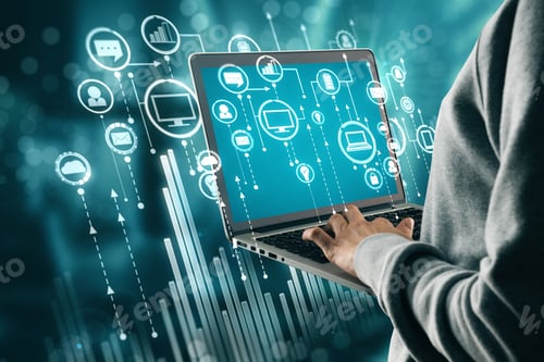Preview: Close Up Of Person Hand Using Laptop With Digital Business Interface On Blurry Interior Background